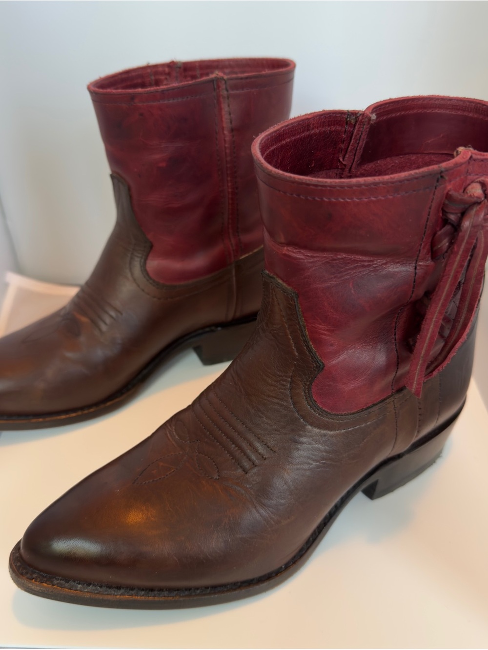 Frye Brown and Burgundy Cowboy Boots